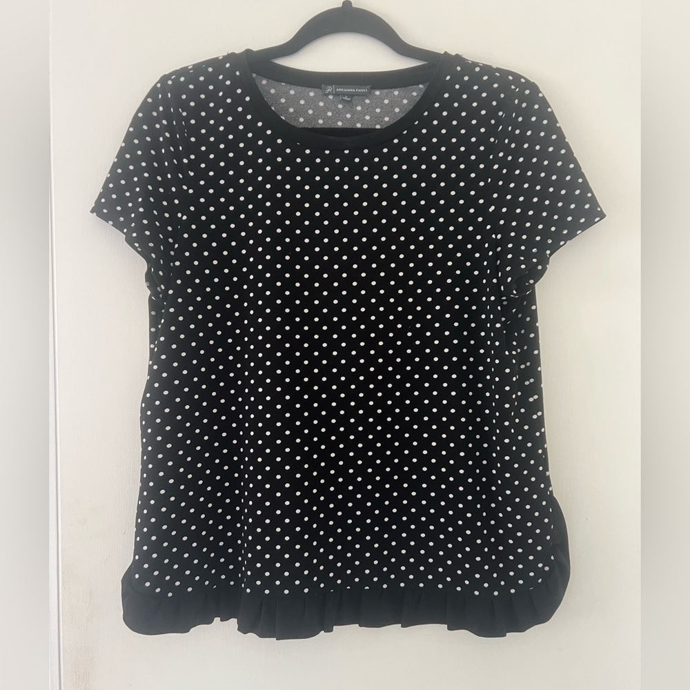 Polka Dot Black Top size S with ruffle detail (J145)